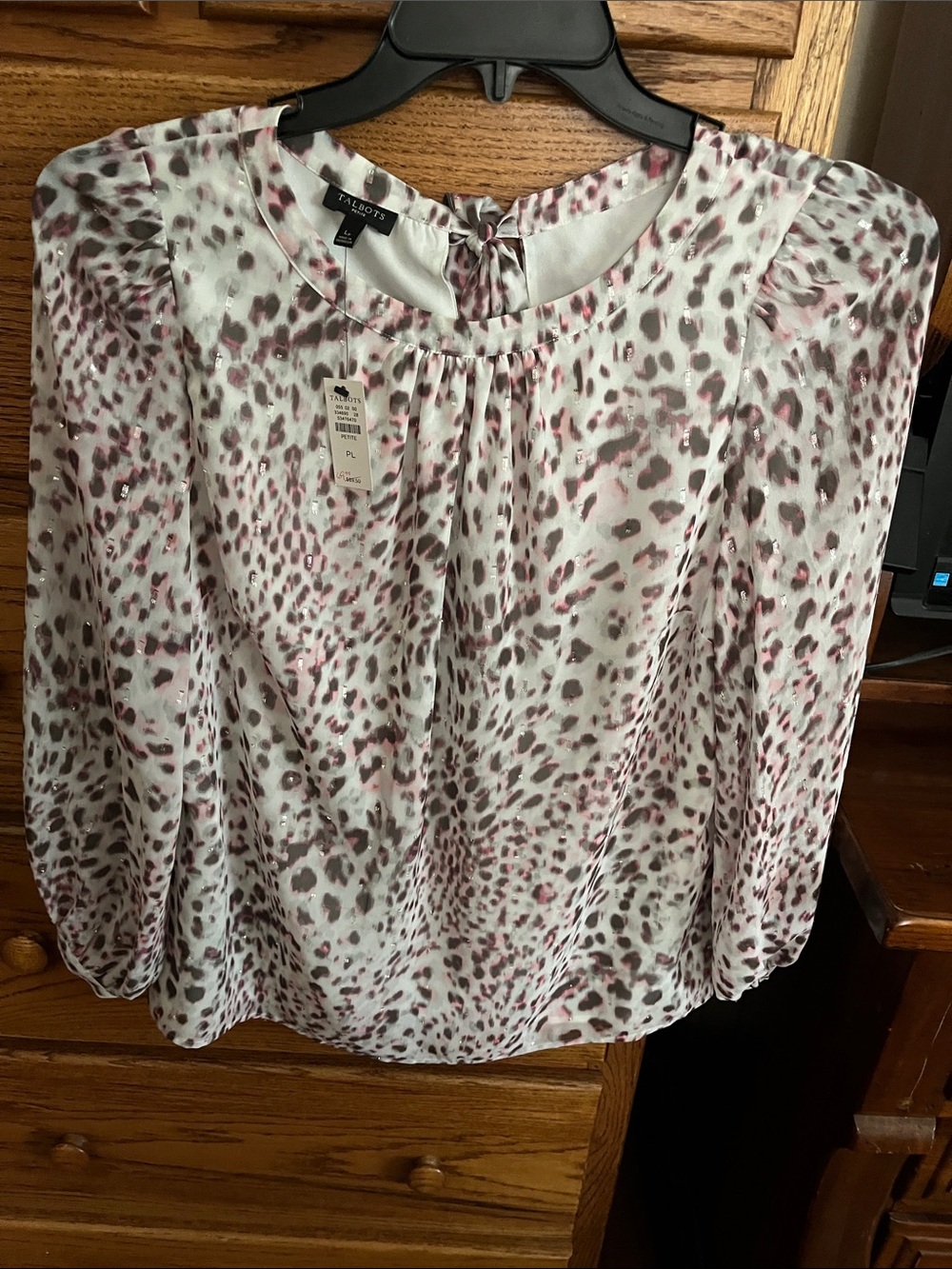 Talbots Cream Blouse with Pink and Gray Leopard Print